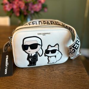NWT！NEW! Karl Lagerfeld Maybelle Camera Double zip Crossbody Women Bag -White